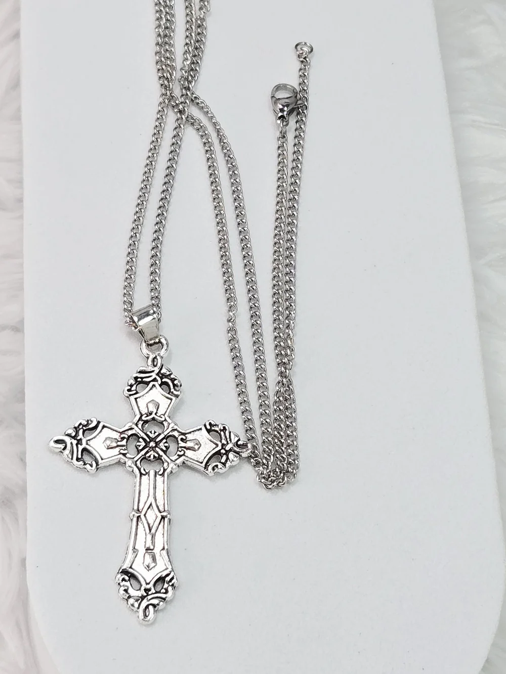 Silver Gothic Filigree Cross Necklace Stainless Steel Pendant Y2K Punk Men's 24